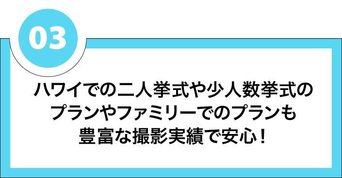 ハワイでの二人挙式や少人数挙式のプランやファミリーでのプランも豊富な撮影実績で安心！