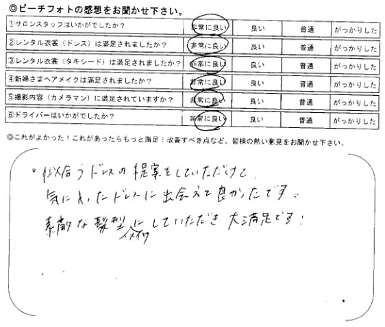 似合うドレスの提案をしていただけて気に入ったドレスに出会えて良かったです。素敵な髪型・メイクにしていただき大満足です。